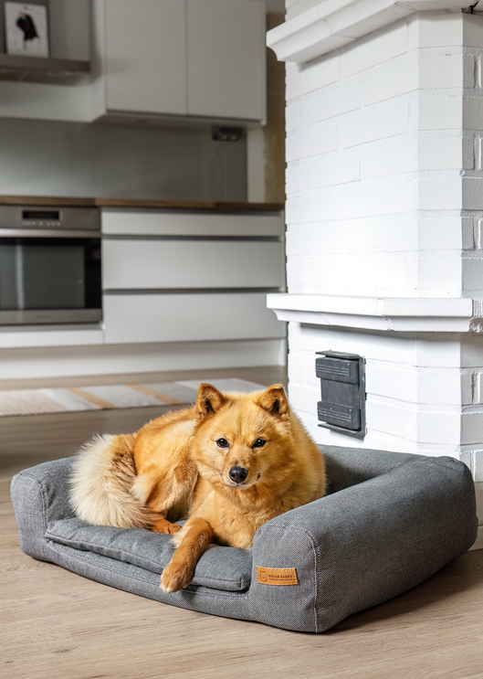 graniitin harmaa reunallinen koiranpeti, joka valmistettu Suomessa